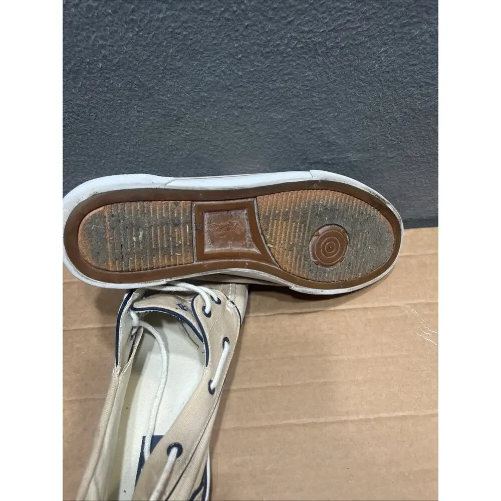 Polo Ralph Lauren Lander Boat Shoes Beige Canvas With Blue Pony Mens Size 12D